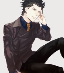  1boy ahoge bad_id bad_pixiv_id black_hair diarmuid_ua_duibhne_(lancer)_(fate) fate/zero fate_(series) formal jacket male_focus mole mole_under_eye necktie photoshop_(medium) simple_background solo sukumaraku white_background yellow_eyes 