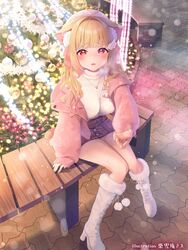  animal_ear_fluff animal_ears bench between_breasts blush boots breasts breath cat_ears cat_girl christmas christmas_ornaments female grin high_heel_boots high_heels highres jacket kemomimi_refle! knee_boots kuyukian3 large_breasts long_hair looking_at_viewer miniskirt mole mole_under_eye nekoma_karin open_clothes open_jacket outdoors pink_jacket pink_ribbon pom_pom_(clothes) red_eyes ribbon second-party_source sitting skirt smile snowing solo strap_between_breasts sweat sweater virtual_youtuber white_footwear white_sweater wing_hair_ornament 