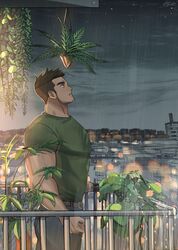  1boy balcony bara belt brk_603 brown_eyes brown_hair cowboy_shot facial_hair highres light male_focus muscular muscular_male original outdoors pants pectorals plant rain shirt short_hair solo standing stubble thick_eyebrows 