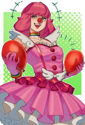  absurdres balloon barley_juice clown clown_nose collar collarbone dress feather_sleeves female geiru_toneido gyakuten_saiban highres looking_at_viewer multicolored_clothes open_mouth phoenix_wright:_ace_attorney_-_spirit_of_justice pink_dress pink_hair rainbow_choker short_hair smile solo spoilers suspenders wing-shaped_bow 