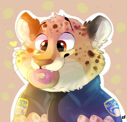  abstract_background anthro benjamin_clawhauser brown_eyes brown_spots bust_portrait cheek_tuft cheetah clothed clothing dessert disney doughnut eating facial_tuft fangs felid feline fluffy food front_view fur head_tuft hi_res inner_ear_fluff light lighting mammal markings necktie pastry police police_officer_eating_donut police_uniform portrait shirt solo spots spotted_body spotted_fur teeth topwear tuft uniform whiskers yellow_body yellow_fur zaphyray zootopia 