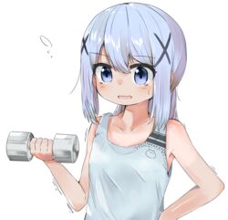  bare_arms bare_shoulders blue_eyes blue_hair blue_tank_top blush collarbone commentary_request dumbbell female flying_sweatdrops gochuumon_wa_usagi_desu_ka? hair_between_eyes hair_ornament highres holding houjichaoic kafuu_chino long_hair parted_lips sidelocks simple_background solo sweat tank_top tippy_(gochiusa) trembling upper_body white_background x_hair_ornament 