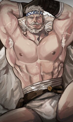  1boy abs armpit_hair bandages bara beard blue_eyes brk_603 bulge collarbone facial_hair fundoshi granblue_fantasy headband highres japanese_clothes large_pectorals male_focus male_underwear mature_male midriff_sarashi moustache muscular muscular_male nipples pectorals sarashi short_hair solo soriz thighs topless_male underwear white_hair white_male_underwear 