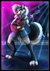  2020 anthro bandana barefoot biped black_body black_fur black_nose blue_eyes bottomwear canid canine claws clothing digital_drawing_(artwork) digital_media_(artwork) electric_guitar fangs feet female fox fox_fury fur gibson gibson_sg guitar hair hi_res jess_(fox_fury) kerchief mammal multicolored_body multicolored_fur musical_instrument open_mouth pink_tongue plucked_string_instrument rock shirt shorts signature solo string_instrument teeth tongue topwear two_tone_body two_tone_fur white_body white_fur white_hair 