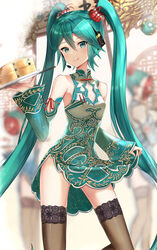  :&gt; :q absurdres aqua_dress aqua_eyes aqua_hair aqua_sleeves bad_id bad_pixiv_id bamboo_steamer bare_shoulders black_legwear blurry blurry_background china_dress chinese_clothes clothes_lift commentary contrapposto cowboy_shot detached_sleeves dress female hand_up hatsune_miku headphones highres itogari lace-trimmed_legwear lace_trim leaf_print long_hair looking_at_viewer mask mouth_mask project_diva_(series) red_ribbon ribbon skinny skirt skirt_lift smile steam suigyoku_(module) thighhighs tongue tongue_out tray twintails very_long_hair vocaloid world&#039;s_end_dancehall_(vocaloid) 