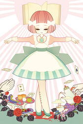  alice_(alice_in_wonderland) alice_in_wonderland ambiguous_red_liquid apple apron back_bow ballerina ballet berry blue_bow blue_footwear blue_headwear blue_skirt book bow brooch card caterpillar_(alice_in_wonderland) checkerboard_cookie closed_eyes cloud commentary cookie cup cupcake female flower food fruit gloves hairbow hat heart jewelry long_sleeves mad_hatter_(alice_in_wonderland) march_hare_(alice_in_wonderland) mushroom outstretched_arms pastel_colors pink_hair pink_shirt playing_card pouring rarara-men raspberry rose saucer shirt short_hair skirt skull spade_(shape) spread_arms standing striped_clothes striped_skirt stuffed_animal stuffed_rabbit stuffed_toy sunburst sunburst_background tea teacup teapot top_hat white_bow white_legwear 