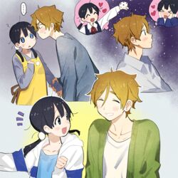  ... 1boy :d ^_^ ^q^ black_hair blue_eyes blush brown_hair cardigan closed_eyes closed_mouth collarbone collared_shirt commentary_request couple detached_sleeves female green_cardigan hair_between_eyes hair_ornament heart holding holding_another&#039;s_arm hood hood_down kitashirakawa_tamako long_sleeves looking_at_another medium_hair mole mole_on_neck momose_(oqo) multiple_views nose_blush ooji_mochizou open_clothes open_mouth parted_lips shirt short_eyebrows simple_background sky smile star_(sky) starry_sky straight sweat tamako_love_story tamako_market thinking twintails upper_body white_shirt 