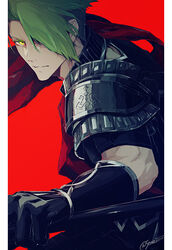  1boy achilles_(fate) arm_armor armor breastplate closed_mouth detached_sleeves fate/apocrypha fate/grand_order fate_(series) fighting_stance gradient_hair green_hair hair_over_one_eye holding holding_polearm holding_weapon looking_at_viewer male_focus manly multicolored_hair photoshop_(medium) polearm red_background sei_8220 signature simple_background upper_body weapon 