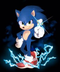  1boy blue_fur blue_spine commentary electricity english_commentary full_body furry gloves green_eyes hand_on_own_hip hedgehog highres index_finger_raised jewelry kohane01 male_focus protected_link red_footwear redesign ring ring_(sonic) shoes smirk sneakers snout solo sonic_(live_action) sonic_(series) sonic_the_hedgehog sonic_the_hedgehog_(film) sparkle white_gloves 