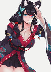  animal_ear_fluff animal_ears azur_lane black_hair blazingchaos blue_eyes blush breasts butterfly_hair_ornament cat_ears cleavage female fusou_(azur_lane) hair_ornament highres japanese_clothes kimono large_breasts long_hair looking_at_viewer solo 