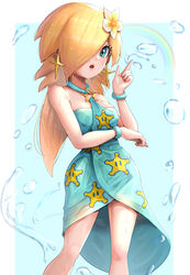  alternate_costume bare_shoulders blonde_hair blue_dress blue_eyes border bubble dress earrings female flower gonzarez hair_flower hair_ornament hair_over_one_eye hand_up highres jewelry long_hair looking_at_viewer mario_(series) mario_kart mario_kart_tour official_alternate_costume open_mouth pointing pointing_up rainbow rosalina rosalina_(swimwear) solo standing star_(symbol) star_earrings star_print sundress water wet wet_hair white_border 