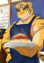  2022 absurd_res anthro apron blue_apron blue_clothing blurred_background brown_stripes calendar cheek_tuft chest_tuft chin_tuft closed_eyes clothing colored countershade_arms countershade_face countershade_torso countershading detailed_background facial_tuft felid food foreshortening fur hand_on_hip head_tuft hi_res inside male mammal morenatsu muscular muscular_male offering_to_viewer pantherine parmesan pasta pink_nose plate red_clothing red_shirt red_tank_top red_topwear ry_o sauce shirt smile solo spaghetti steam stripes tan_body tan_countershading tan_fur tank_top tiger topwear torahiko_(morenatsu) tuft yellow_body yellow_fur 