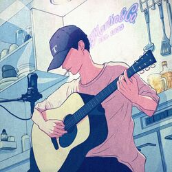  1boy baseball_cap black_hair black_hat bottle bowl cup guitar hat holding holding_instrument instrument ladle male_focus microphone original plate shelf shirt short_hair short_sleeves smoke smoking solo spatula upper_body wacca005 white_shirt 