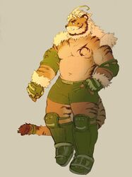  2020 anthro baku_hosamo belly bottomwear clothing felid hi_res hombre_tigre_(tas) humanoid_hands kemono lifewonders male mammal pantherine shorts simple_background slightly_chubby solo tiger tokyo_afterschool_summoners 