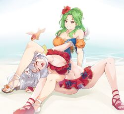  2girls bare_shoulders bikini bikini_skirt bird blue_scarf braid breasts brown_eyes cleavage clenched_teeth closed_eyes collarbone commentary crown_braid domination elincia_ridell_crimea elincia_ridell_crimea_(summer) feet fingerless_gloves fire_emblem fire_emblem:_path_of_radiance fire_emblem:_radiant_dawn fire_emblem_heroes flower front-tie_bikini_top front-tie_top gloves green_hair grey_hair groin hair_flower hair_ornament half_updo highres jaegan legs long_hair medium_breasts micaiah_(fire_emblem) micaiah_(summer)_(fire_emblem) microskirt multiple_girls navel off-shoulder_bikini off_shoulder official_alternate_costume open_mouth orange_bikini red_bikini red_footwear red_gloves sandals scarf skirt submission_hold swimsuit teeth towel wrestling yune_(fire_emblem) 