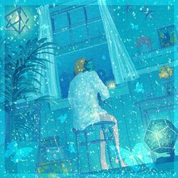  1other androgynous aqua_theme bare_legs barefoot curtains dodecahedron flower from_behind highres indoors leaf long_sleeves original plant potted_plant shelf shirt sitting solo star_(symbol) stool vase wacca005 white_shirt window yellow_flower 