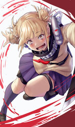  blonde_hair blood blunt_bangs blush boku_no_hero_academia breasts cardigan commentary crypthiyama double_bun fangs female hair_bun highres long_sleeves looking_at_viewer messy_hair open_mouth pleated_skirt school_uniform serafuku short_hair simple_background skirt smile solo teeth toga_himiko yellow_eyes 