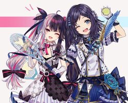  2girls ;d ahoge aiba_uiha aiba_uiha_(1st_costume) bad_id bad_twitter_id ball black_hair blue_bow blue_eyes blue_flower blue_hair blush bow bowtie braid braided_bangs breasts cleavage cleavage_cutout clothing_cutout commentary cowboy_shot feathers flower gloves grey_hair hair_bobbles hair_ornament hair_ribbon hairbow heart highres holding holding_ball holding_racket idol_clothes long_hair looking_at_viewer medium_hair mole mole_under_eye multicolored_hair multiple_girls myomyomyoo nijisanji one_eye_closed open_mouth puffy_short_sleeves puffy_sleeves racket red_eyes red_hair ribbon shirt short_sleeves simple_background smile split-color_hair star_(symbol) streaked_hair tennis_ball tennis_racket twintails two-tone_dress two-tone_hair very_long_hair virtual_youtuber white_background white_bow white_gloves white_shirt yorumi_rena yorumi_rena_(1st_costume) 