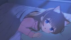  absurdres animal_ears bad_id bad_pixiv_id bed blanket blue_eyes blush brown_hair cat_ears cat_girl collared_shirt female hair_down highres indie_virtual_youtuber itigori_ena light_particles long_sleeves looking_at_viewer lying mole mole_under_eye moonlight on_bed on_stomach open_mouth pajamas pillow pov_across_bed shirt solo tyakomis under_covers virtual_youtuber 