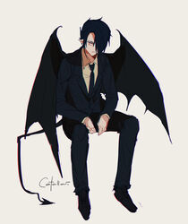  1boy artist_name beige_background black_footwear black_hair black_jacket black_necktie black_pants black_wings closed_mouth collar collared_shirt commentary demon_boy demon_tail demon_wings full_body hair_over_one_eye hands_on_own_legs highres jacket long_sleeves looking_at_viewer male_focus necktie pants pointy_ears ray_(yakusoku_no_neverland) red_eyes ri_(catallarii) shirt short_hair simple_background sitting solo tail wings yakusoku_no_neverland yellow_shirt 