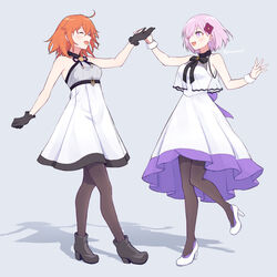  2girls ahoge alternate_costume bare_arms bare_shoulders belt black_footwear black_gloves black_necktie black_pantyhose blush closed_eyes commentary dancing dress fate/grand_order fate/grand_order_waltz_in_the_moonlight/lostroom fate_(series) flower fujimaru_ritsuka_(female) fujimaru_ritsuka_(female)_(waltz_in_the_moonlight/lostroom) full_body gloves grey_background hair_down hair_flower hair_ornament highres holding_hands mash_kyrielight mash_kyrielight_(under_the_same_sky) multiple_girls necktie official_alternate_costume orange_hair pantyhose purple_eyes purple_hair purple_ribbon ribbon shadow short_hair simple_background smile waka_(owakao_f) white_dress white_footwear white_wrist_cuffs wrist_cuffs yuri 