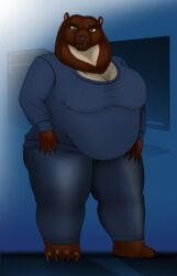  abigail_merriwick absurd_res anthro bear belly big_belly big_breasts bottomwear breasts clothing denim denim_bottomwear denim_clothing female hi_res huge_breasts jeans jumper looking_at_viewer lovemummification mammal overweight overweight_anthro overweight_female pants smile smiling_at_viewer solo 