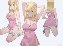  armpits arms_behind_head bare_arms bare_shoulders blonde_hair breasts chilakkk cleavage closed_mouth commentary covered_navel cropped_legs dr._stone dress earrings female flower green_eyes hair_between_eyes hair_flower hair_ornament hand_on_own_chest jewelry kohaku_(dr._stone) large_breasts light_blush long_hair looking_at_viewer multiple_views parted_lips pink_dress pink_flower platform_footwear rope short_dress sidelocks simple_background single_earring sitting sleeveless sleeveless_dress spaghetti_strap teeth torn_clothes torn_dress twitter_username underbutt v-shaped_eyebrows wariza white_background 