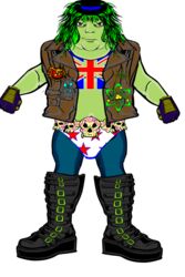  boots clothing footwear gloves green_body green_skin handwear human jacket leather leather_clothing leather_jacket leather_topwear male mammal mrfrenchburger overweight overweight_male skull_belt solo topwear underwear_on_the_outside union_jack 