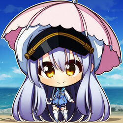  7:08 beach blue_jacket chibi closed_mouth commentary_request day female grey_hair hat highres hood hooded_jacket island_(game) jacket long_hair ocean ohara_rinne outdoors pink_umbrella shore smile solo umbrella white_footwear white_hat white_sleeves yellow_eyes 