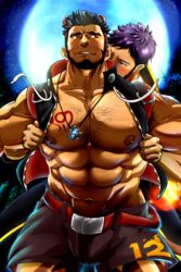  2boys abs alca_(wakatanka4) animal_ears bara bare_pectorals beard behind_another belt black_hair black_shorts blush bulge chest_hair doro_rich facial_hair feet_out_of_frame full_moon gyee highres jewelry kissing kissing_neck large_pectorals lion_boy lion_ears lion_tail male_focus master_(gyee) mature_male moon multiple_boys muscular muscular_male navel necklace nipples no_shirt paid_reward_available pectorals purple_hair short_hair shorts sleeveless sleeveless_jacket stomach tail thick_eyebrows yaoi zipper 