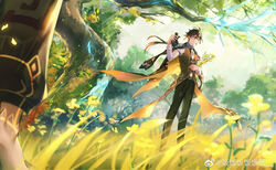  2boys absurdres azhdaha_(genshin_impact) brown_hair chinese_commentary closed_mouth collared_shirt commentary_request day earrings eyeliner eyeshadow from_below genshin_impact gradient_hair grass hair_between_eyes highres holding holding_plant holding_teapot jacket jacket_on_shoulders jewelry leg_tattoo long_hair long_sleeves makeup male_focus multicolored_hair multiple_boys necktie orange_hair outdoors plant ponytail red_eyeshadow rokuon shirt single_earring smile standing tassel tassel_earrings tattoo teapot thumb_ring tree weibo_watermark yellow_eyes zhongli_(genshin_impact) 