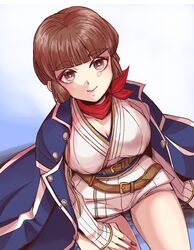  blunt_bangs brown_eyes brown_hair coat female isabeau_(megami_tensei) japanese_clothes looking_at_viewer red_eyes shin_megami_tensei shin_megami_tensei_iv short_hair simple_background smile solo yk_(waikeee) 