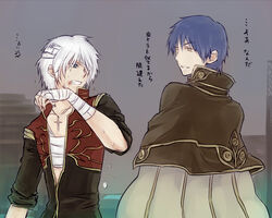  2boys bandaged_hands bandaged_head bandages bangs black_coat blue_eyes blue_hair brown_capelet bruise bruise_on_face cape clenched_teeth coat commentary_request cross cross_necklace eyebrows_visible_through_hair grin injury jewelry looking_at_another male_focus misuguu multiple_boys necklace open_clothes open_coat priest_(ragnarok_online) ragnarok_online red_coat sarashi short_hair sleeves_rolled_up smile teeth translation_request two-tone_coat upper_body white_cape white_hair wizard_(ragnarok_online) yellow_eyes 