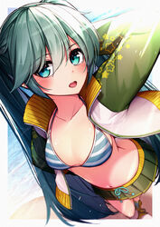  absurdres arm_behind_head arm_up beach bikini bloom blurry blush breasts collarbone commentary day depth_of_field double-parted_bangs eyes_visible_through_hair female foreshortening framed from_above green_eyes green_hair green_skirt hair_between_eyes hatsune_miku highres jacket jersey_(module) light_rays long_hair looking_at_viewer looking_up marutenmaruten medium_breasts miniskirt navel ocean open_clothes open_jacket open_mouth outdoors pleated_skirt project_diva_(series) round_teeth scar scar_across_eye skirt solo standing star_(symbol) star_print straight_hair striped_bikini striped_clothes swimsuit teeth twintails upturned_eyes very_long_hair vocaloid white_jacket 