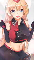  absurdres black_gloves black_skirt black_thighhighs blonde_hair blue_eyes breasts collarbone commission couch crop_top elbow_gloves f2000_(girls&#039;_frontline) female girls&#039;_frontline gloves hat highres holding long_hair looking_at_viewer medium_breasts muteppona_hito navel open_mouth shirt sitting skeb_commission skirt sleeveless sleeveless_shirt smile solo thighhighs 