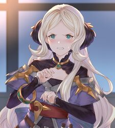  &gt;:( belt blonde_hair blush bracelet clenched_teeth collar disgust embarrassed female forehead frown granblue_fantasy green_eyes grimace hair_ornament hands_up jewelry long_hair long_sleeves mireille_(granblue_fantasy) off_shoulder parted_bangs solo sweatdrop teeth test_tube upper_body v-shaped_eyebrows very_long_hair window wuming 