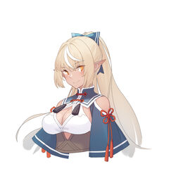  bare_shoulders blonde_hair blush bow breasts chinese_clothes cleavage cleavage_cutout closed_mouth clothing_cutout commentary_request dark-skinned_female dark_skin elf female hair_ornament hairbow highres hololive long_hair medium_breasts multicolored_hair orange_eyes photoshop_(medium) pointy_ears ponytail shiranui_flare shiranui_flare_(old_design) shoulder_cutout smile solo streaked_hair upper_body virtual_youtuber zjm530280188 