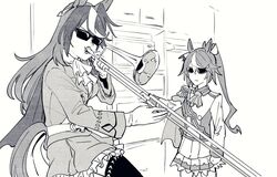  2girls animal_ears ascot breasts clenched_hand commentary epaulettes gloves greyscale high_ponytail highres horse_ears horse_girl horse_tail instrument jacket long_hair medium_breasts meme monochrome multicolored_hair multiple_girls music playing_instrument ponytail single_epaulette skirt streaked_hair sunglasses symboli_rudolf_(umamusume) tail tail_through_clothes takatsuki_nato thighhighs tokai_teio_(umamusume) trombone umamusume when_mama_isn&#039;t_home_(meme) 