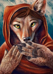  2020 anthro black_nose blue_background brown_body brown_fur brown_hair bust_portrait canid canine canis claws clothed clothing female fur hair henna hi_res inner_ear_fluff kebi mammal pawpads portrait simple_background solo tuft whiskers wolf 