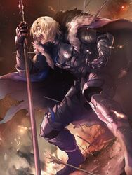  1boy angry armor armored_boots arrow_(projectile) arrow_in_body battlefield blonde_hair blood blood_on_face blood_on_weapon blue_eyes boots cape commentary_request dimitri_alexandre_blaiddyd embers eyepatch fire fire_emblem fire_emblem:_three_houses full_body fur_cape gauntlets highres injury male_focus manly moyashi_mou2 open_mouth outdoors polearm profile short_hair shouting smoke solo spear teeth torn_cape torn_clothes weapon 