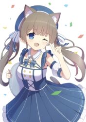  absurdres animal_ear_fluff animal_ears bad_id bad_pixiv_id blue_eyes blush bow breasts brown_hair cat_ears cat_girl cat_tail cleavage confetti detached_sleeves dress female hat hat_ribbon highres holding holding_tray index_finger_raised indie_virtual_youtuber itigori_ena long_hair looking_at_viewer mole mole_under_eye oerba_yun_fang one_eye_closed open_mouth ribbon skin_fang smile solo tail tray twintails tyakomis very_long_hair virtual_youtuber 