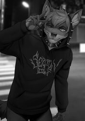  2021 5_fingers anthro bottomwear canid canine canis clothing collar digital_media_(artwork) ear_piercing ear_ring eyebrows eyelashes fingers hi_res hoodie looking_at_viewer male mammal monochrome pants piercing ring_piercing solo spiked_collar spikes topwear unfinished wildering wolf 