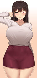  black_hair blush breasts female gradient_background highres large_breasts long_hair looking_at_viewer nt00 original purple_eyes skirt smile solo yumi_(nt00) 