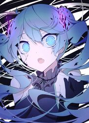  bad_id bad_twitter_id bare_shoulders black_gloves black_shirt blue_eyes blue_hair collar commentary cracked_skin elbow_gloves female frilled_collar frills ghost_rule_(vocaloid) giryu gloves glowing hand_up hatsune_miku highres long_hair looking_at_viewer oerba_yun_fang open_mouth shattered shirt skin_fang sleeveless sleeveless_shirt solo twintails upper_body very_long_hair vocaloid wide-eyed 