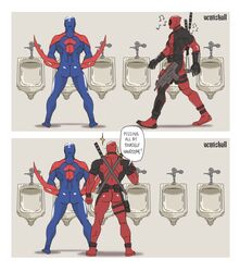  2boys arm_blade artist_name ass back backboob blue_bodysuit bodysuit breasts deadpool deadpool_(series) dilfborne_(ventiskull) english_text facing_back gun highres large_pectorals male_focus marvel mask meme multiple_boys muscular muscular_male musical_note pectorals red_bodysuit restroom speech_bubble spider-man:_across_the_spider-verse spider-man_(2099) spider-man_(series) spider-verse toilet_use two-tone_bodysuit urinal urinal_etiquette_(meme) weapon weapon_on_back 