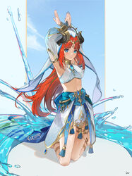  absurdres arabian_clothes armpits arms_up blue_eyes blunt_bangs commentary_request dancer dancing detached_sleeves dor_m fake_horns female genshin_impact gladiator_sandals harem_outfit headpiece highres horns jewelry kneeling long_hair long_sleeves looking_at_viewer low_twintails navel neck_ring nilou_(genshin_impact) parted_lips red_hair sandals see-through see-through_sleeves sidelocks smile solo stomach twintails veil water 