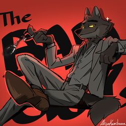  1:1 2021 akiya-kamikawa anthro black_text bottomwear canid canine canis clothing dreamworks hi_res male male_anthro mammal mr._wolf_(the_bad_guys) pants red_background simple_background sitting smile solo suit text the_bad_guys title wolf 