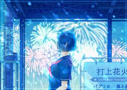  backlighting black_sailor_collar black_shirt blue_theme border earbuds earphones female fireworks from_side neckerchief original profile red_neckerchief sailor_collar school_uniform serafuku shirt short_hair short_sleeves sign solo upper_body wacca005 