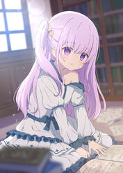  bad_id bad_pixiv_id blurry blurry_foreground blush bokeh book bookshelf commentary crescent crescent_hair_ornament depth_of_field dress female frilled_dress frills hair_ornament highres indoors library light_particles long_hair long_sleeves no_bra off_shoulder one_side_up open_mouth original purple_eyes purple_hair reading ribbon solo star_(symbol) star_hair_ornament sunlight symbol-only_commentary tyakomis very_long_hair window 