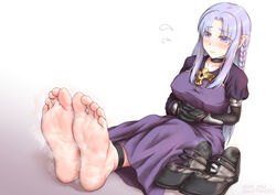  aiou_akahiko barefoot black_footwear blush breasts covered_nipples fate/stay_night fate_(series) feet female flying_sweatdrops foot_focus gloves highres medea_(fate) pointy_ears purple_robe robe shoes simple_background soles solo steam toes unworn_shoes white_background 